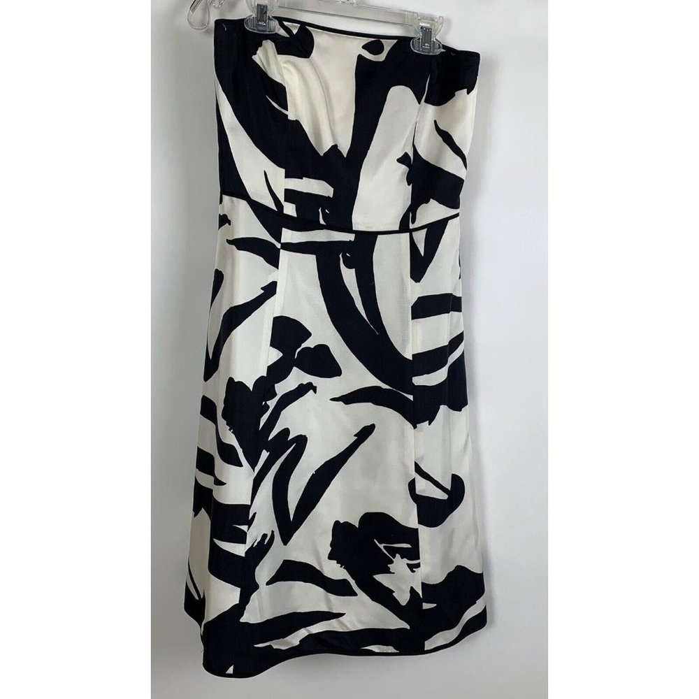 Ann Taylor Strapless Geometric‎ Abstract Ivory Black Silk Dress Size 0